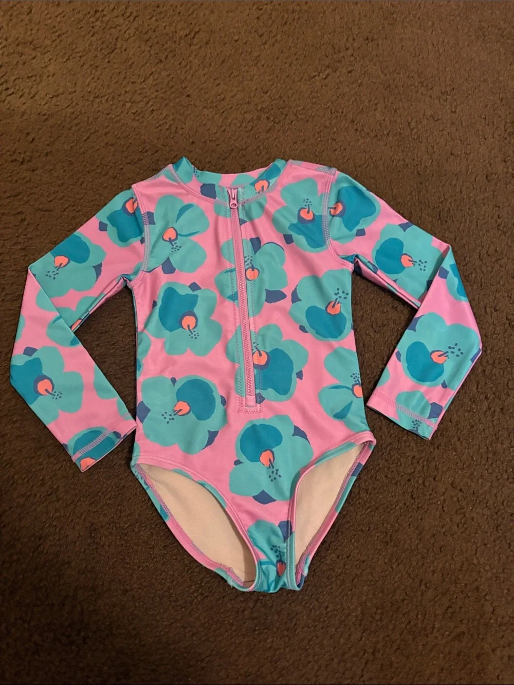 Tea Collection Pink & Turquoise Floral Long-Sleeve One-Piece Swim